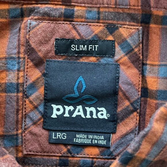 Prana Mens Shirt Sz Large Brown Blue Plaid Slim Fit Short Sleeve Organic Cotton - Picture 8 of 8
